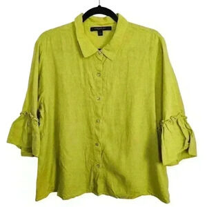Marc New York Andrew Marc Top Womens L Green Linen ruffle button up